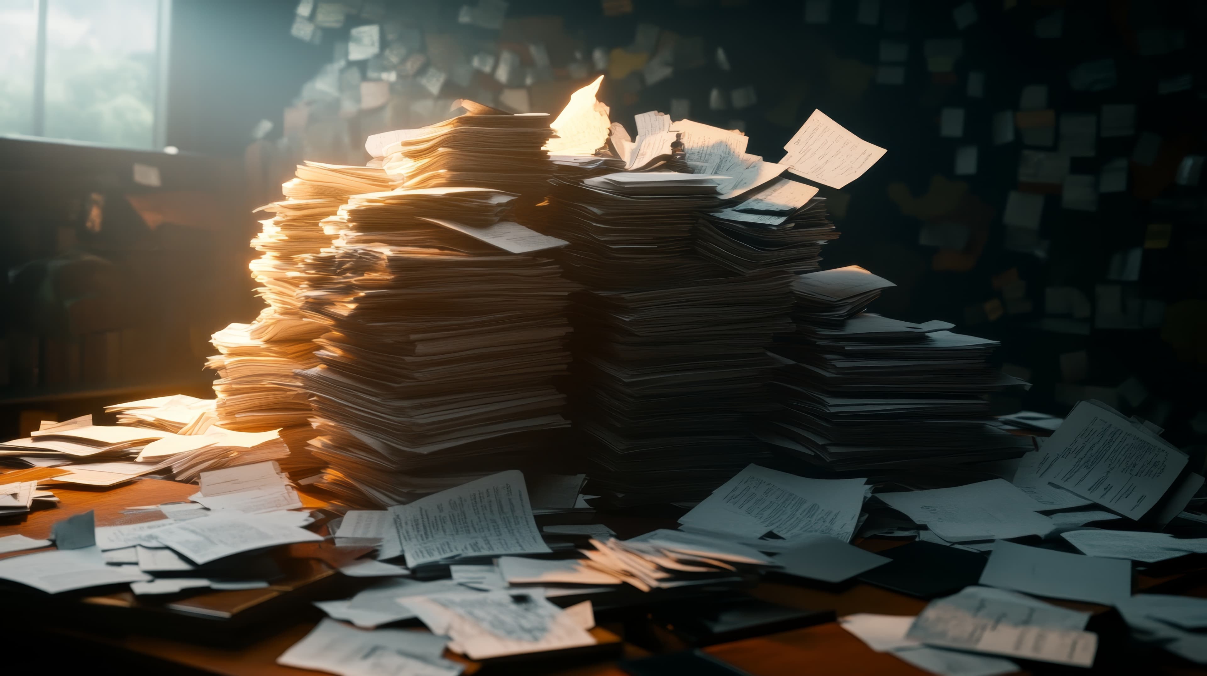 A desk drowning in stacks of paper records in a dimly lit room